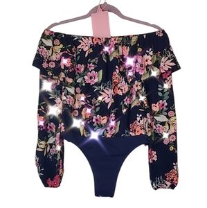 Off shoulder bodysuit navy floral print, small